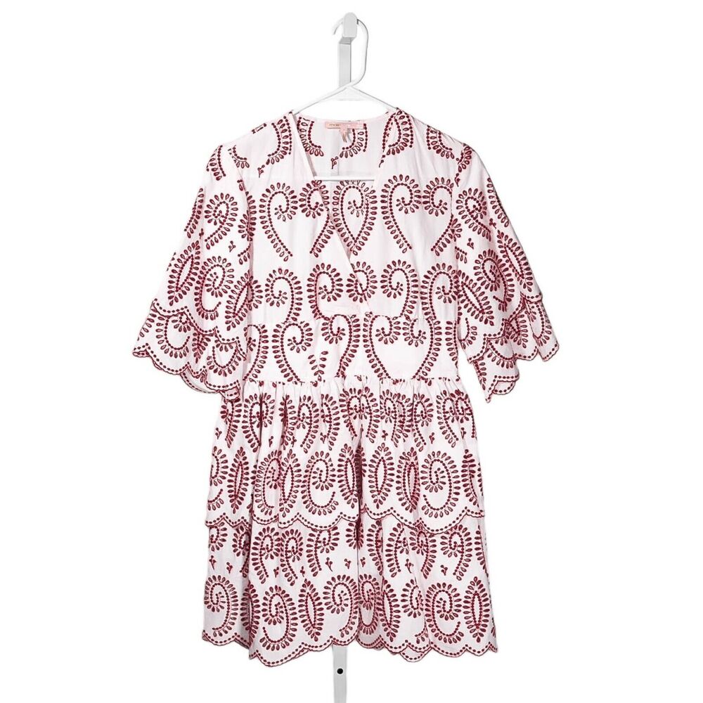 Maje Women's Dress White Red Eyelet Embroidered Tiered V-Neck Mini Fit Flare 2